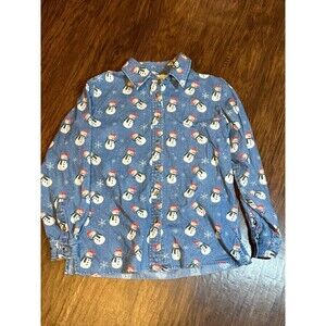 The Quacker Factory Women’s Snowman Button Up Denim Shirt Small Winter Cotton